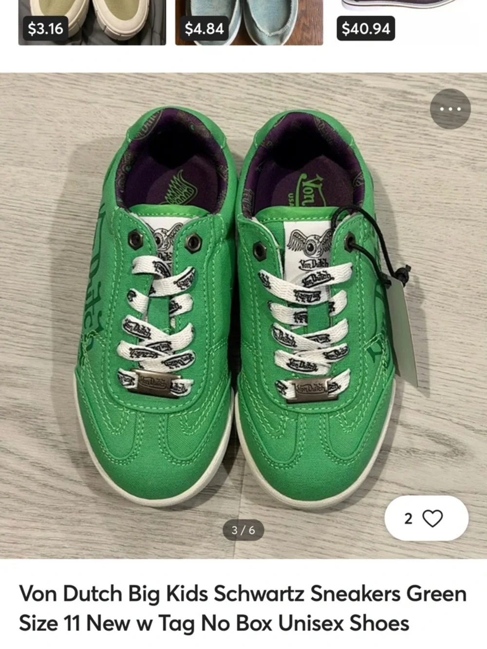 Von Dutch Green Canvas Low-Top Sneakers with White Laces Sz 36